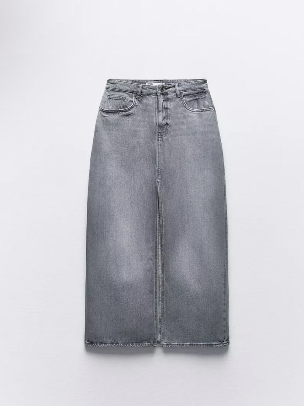 Zara Straight Grey Denim Midi Skirt